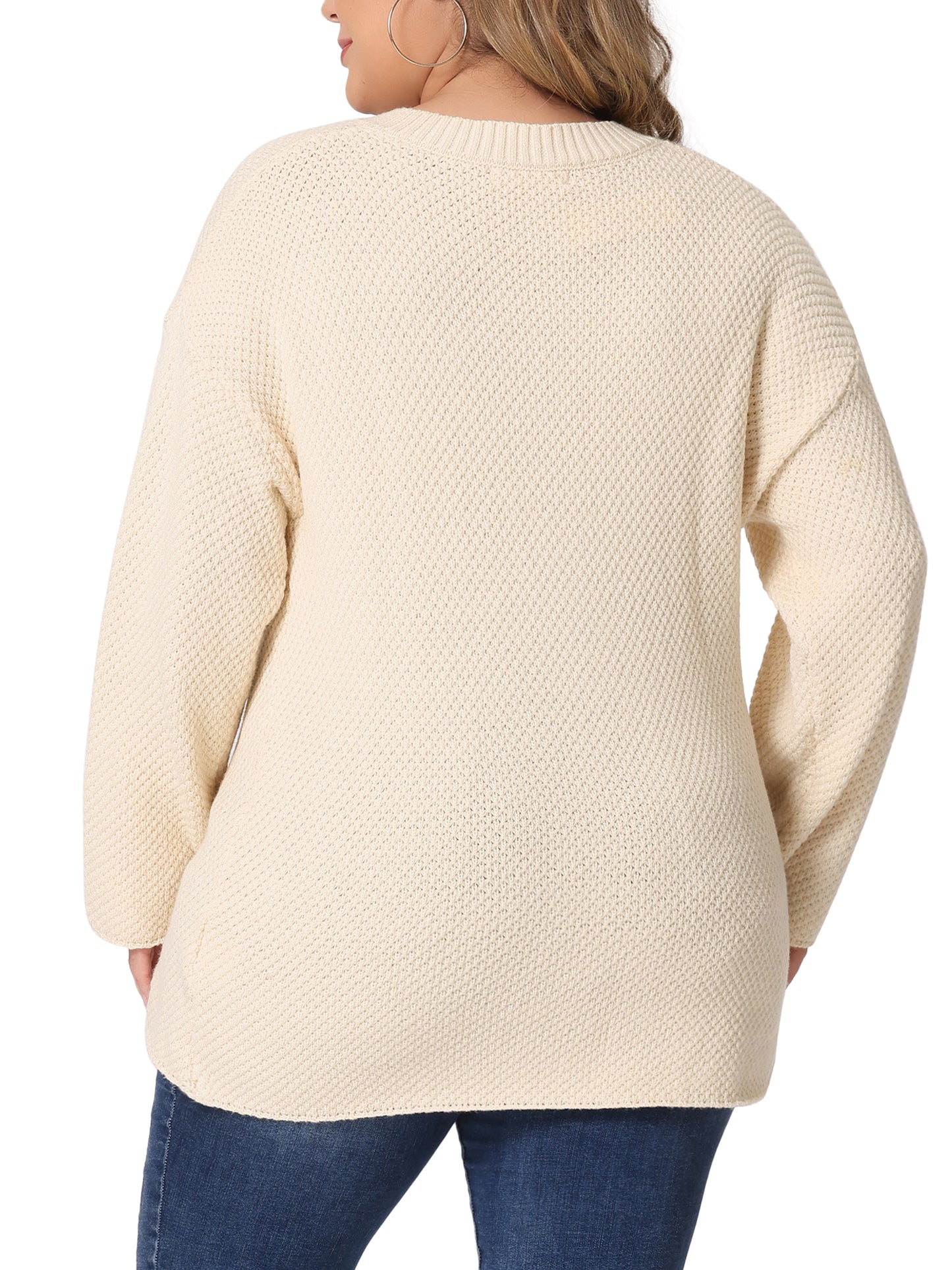 Women Plus Size Sweater Oversized Round Neck Long Sleeve Button Knit Pullover Sweater Tops