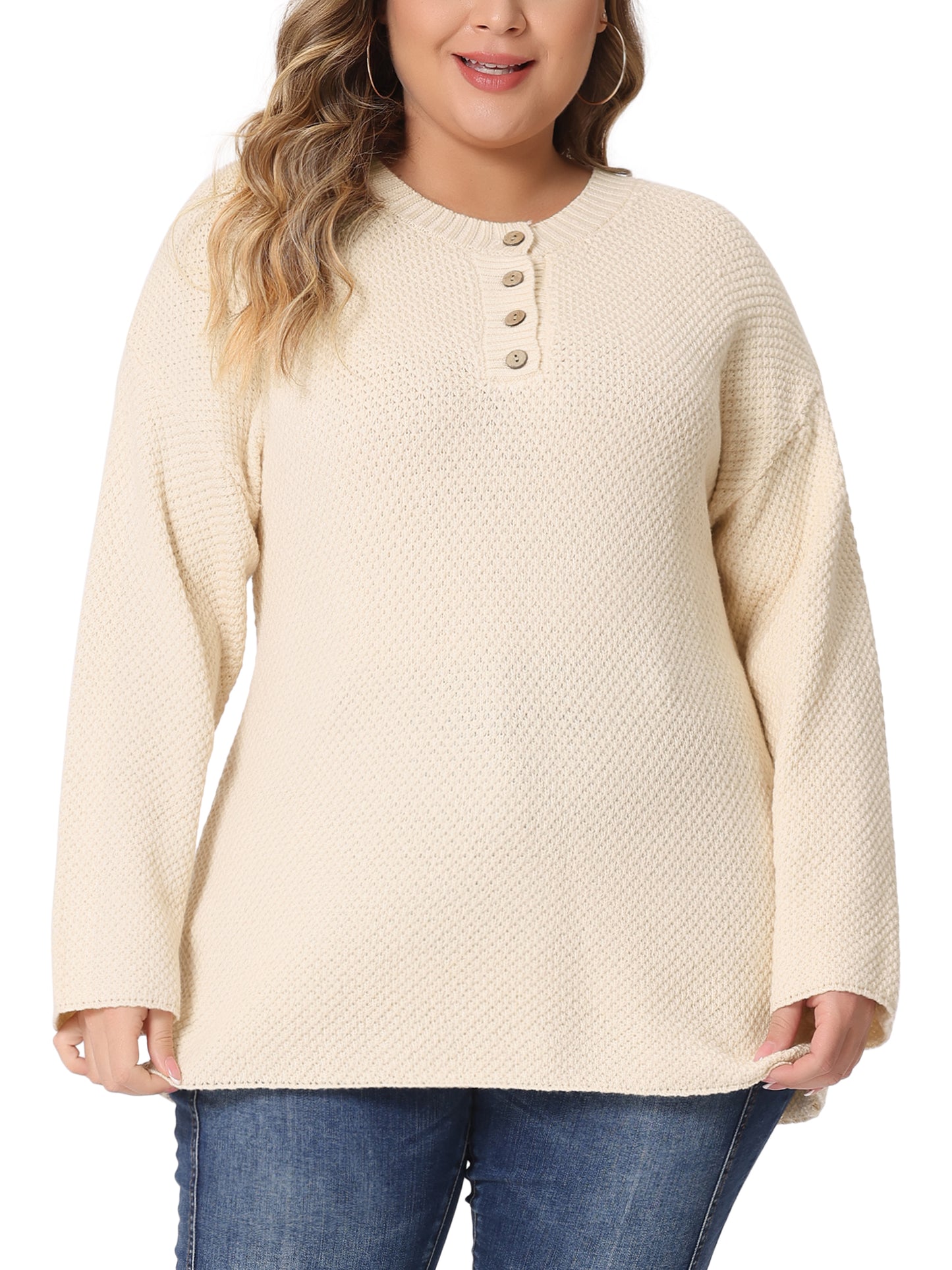 Women Plus Size Sweater Oversized Round Neck Long Sleeve Button Knit Pullover Sweater Tops