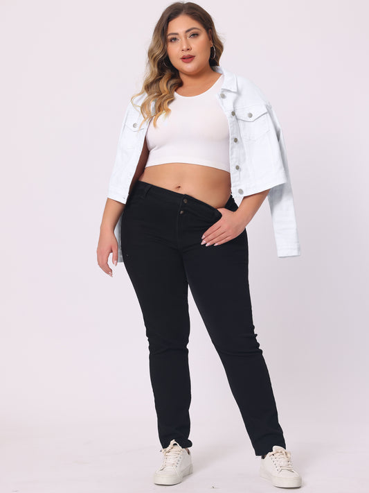 Women's Plus Size Button Closed Cropped Stitching Denim Jacket