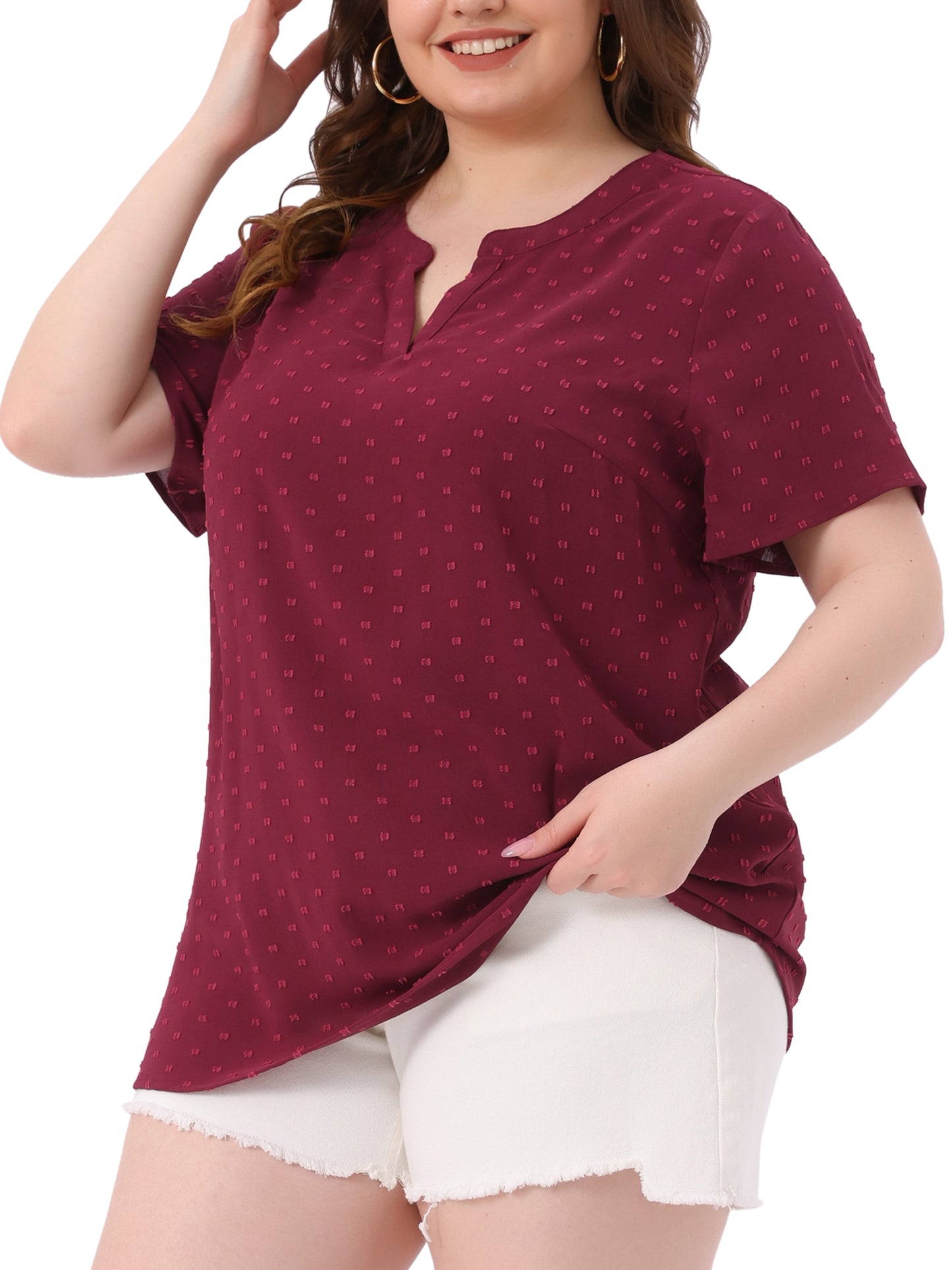 Women Plus Size Summer Top Swiss Dots Notched Neck Short Sleeve Blouse