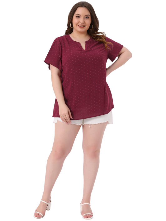 Women Plus Size Summer Top Swiss Dots Notched Neck Short Sleeve Blouse