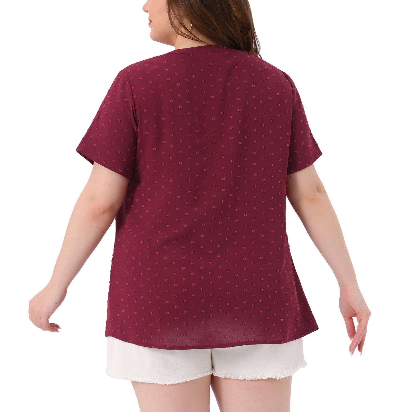 Women Plus Size Summer Top Swiss Dots Notched Neck Short Sleeve Blouse