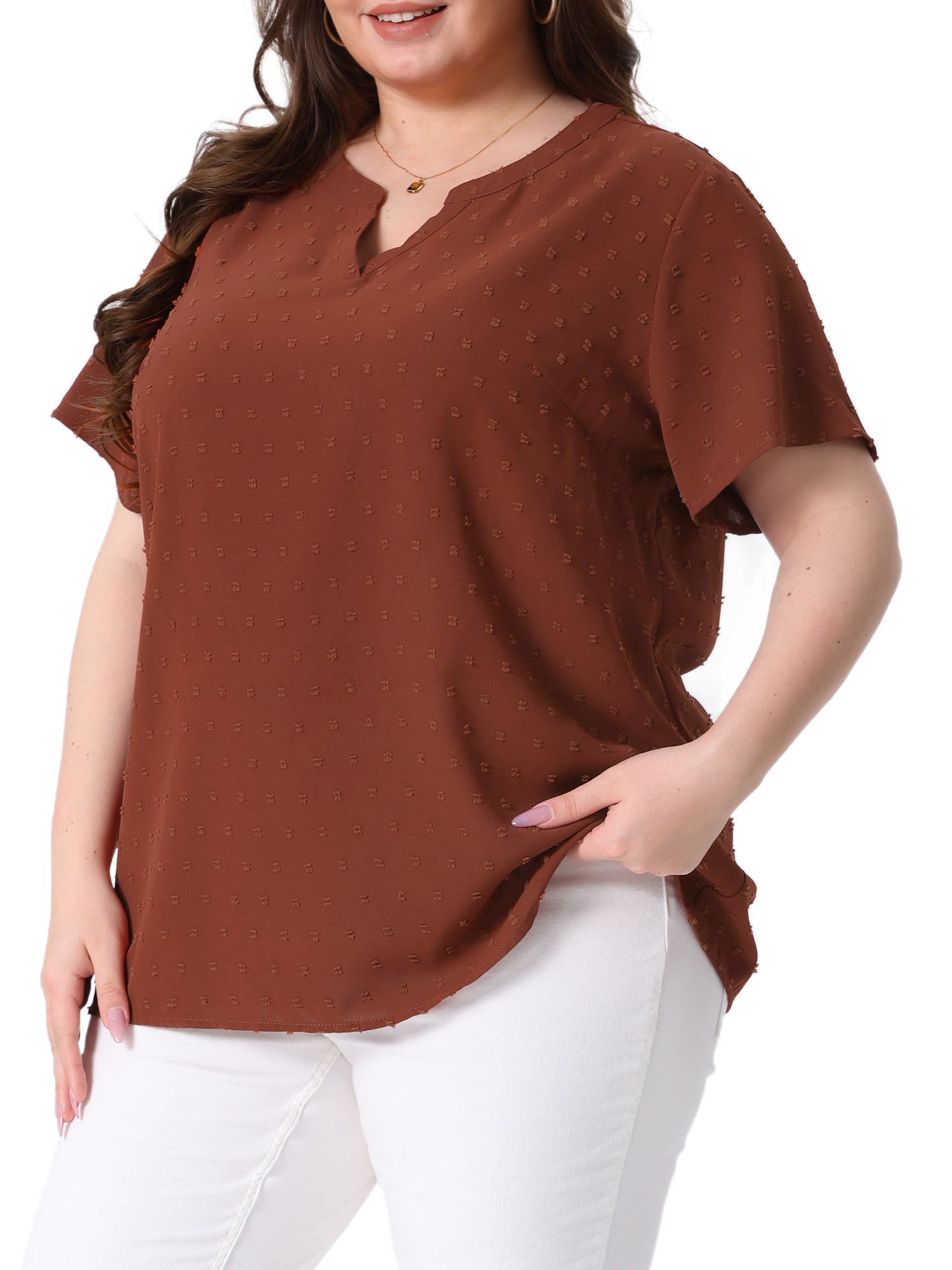 Women Plus Size Summer Top Swiss Dots Notched Neck Short Sleeve Blouse
