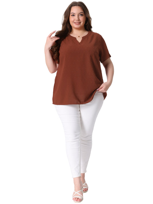 Women Plus Size Summer Top Swiss Dots Notched Neck Short Sleeve Blouse