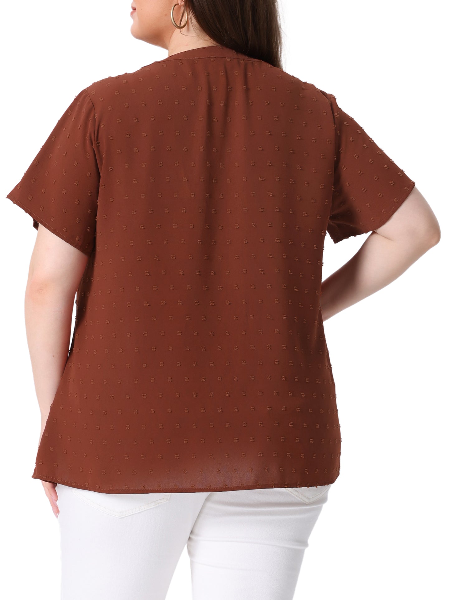 Women Plus Size Summer Top Swiss Dots Notched Neck Short Sleeve Blouse