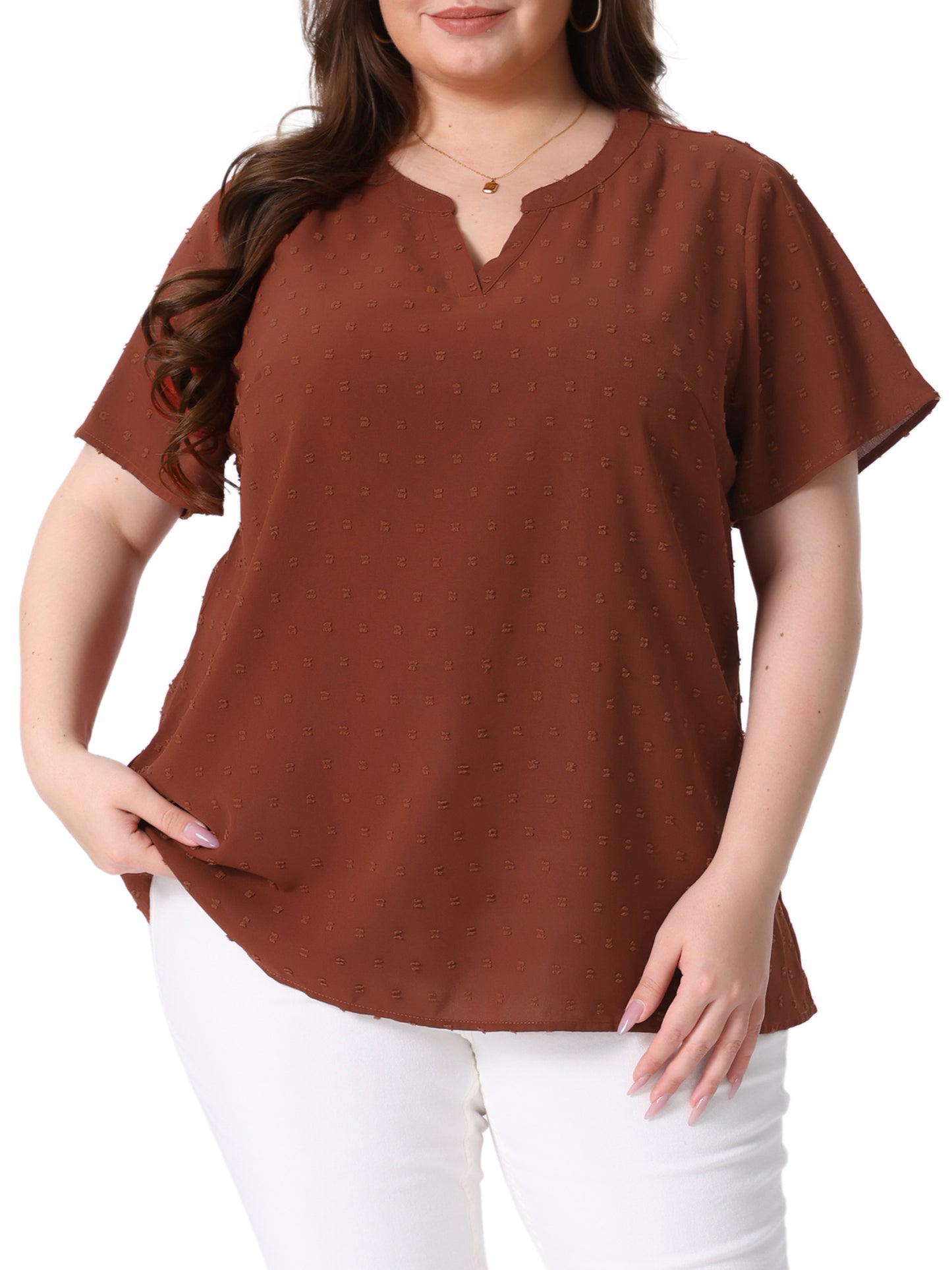 Women Plus Size Summer Top Swiss Dots Notched Neck Short Sleeve Blouse