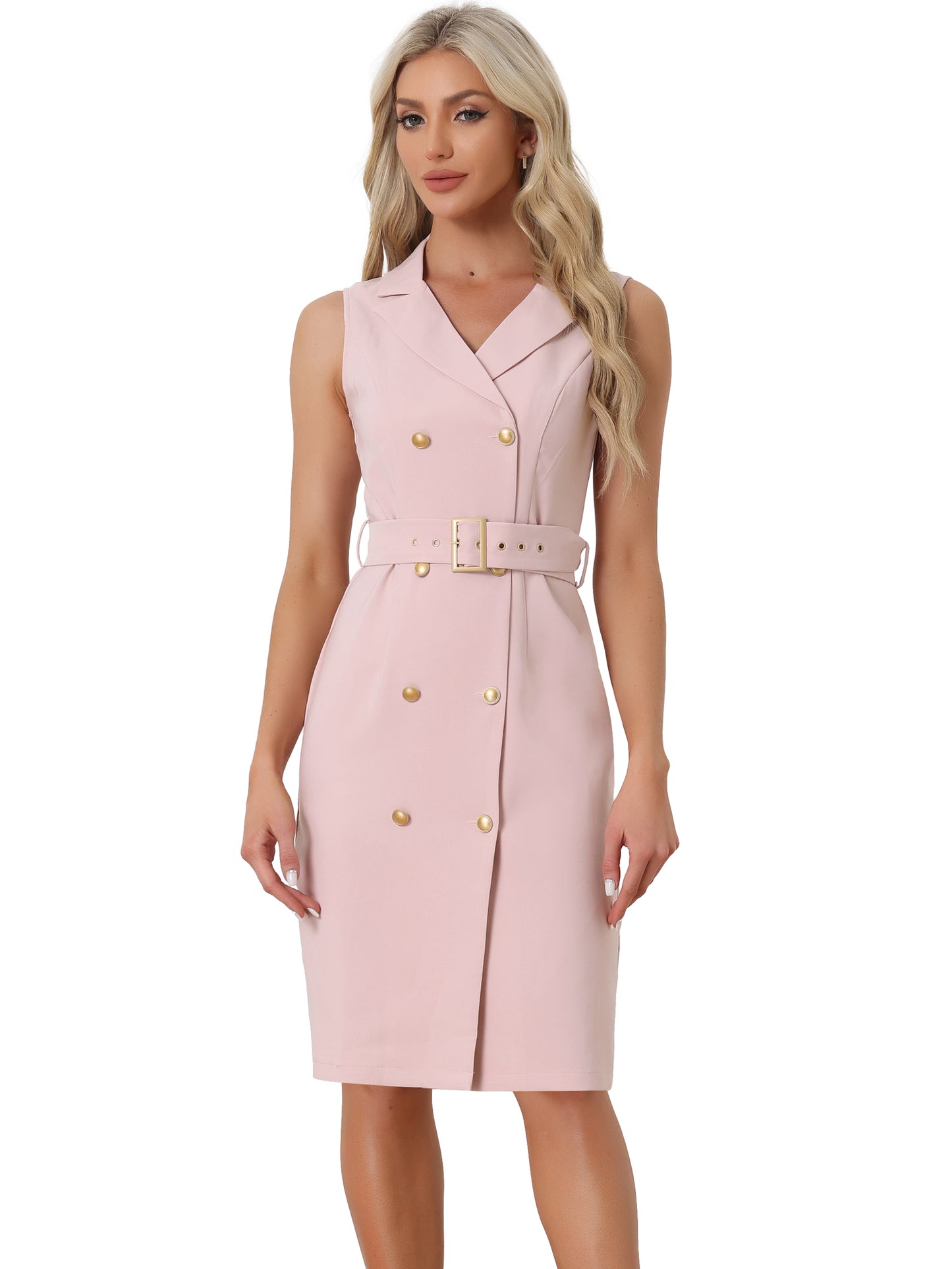 Women's Blazer Dresses Summer Sleeveless Notched Lapel Double Breasted Belted Work Office Dress