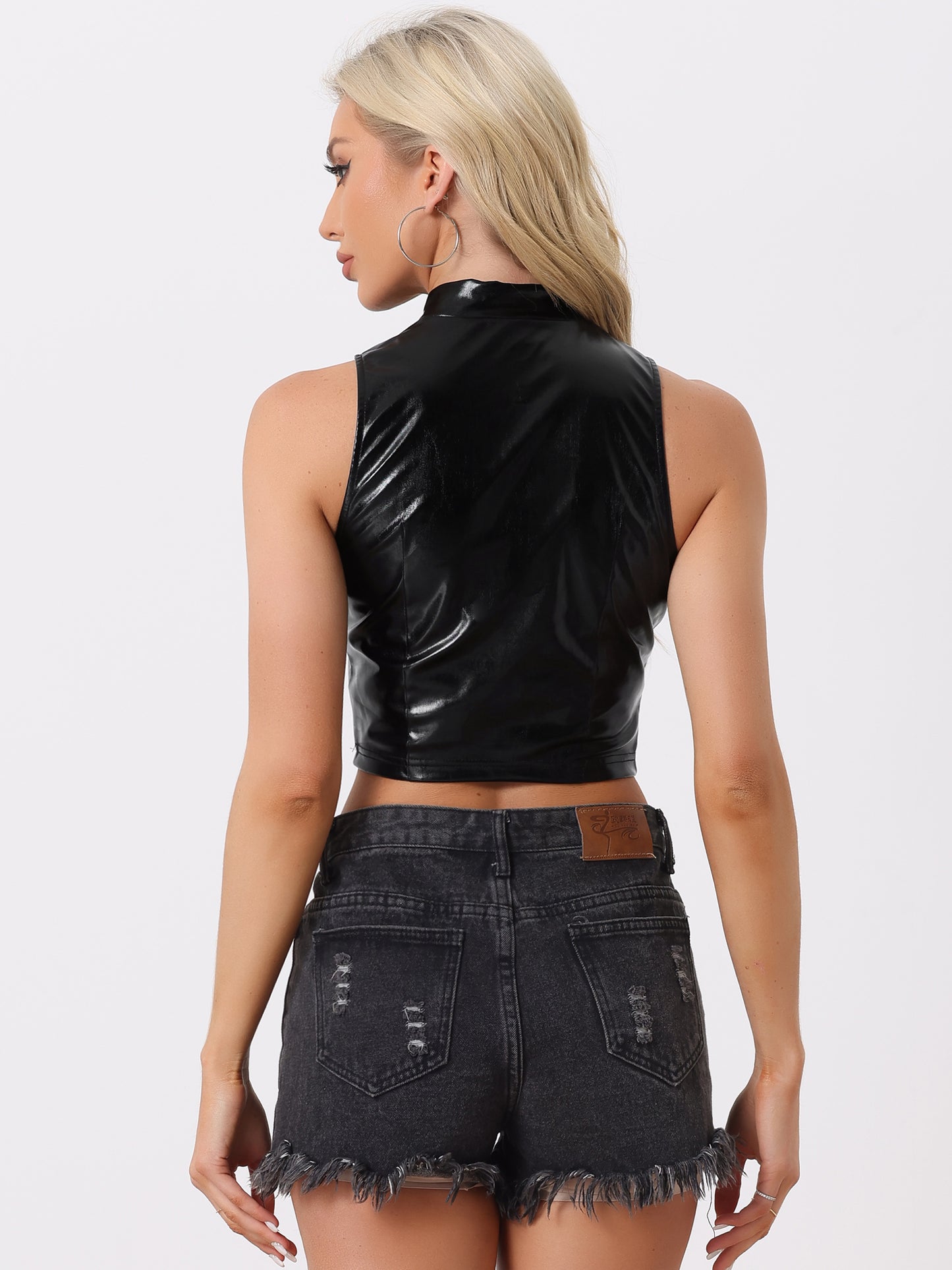 Women's Metallic Crop Top Mock Neck Zip Up Sleeveless Shiny Holographic Tank Top