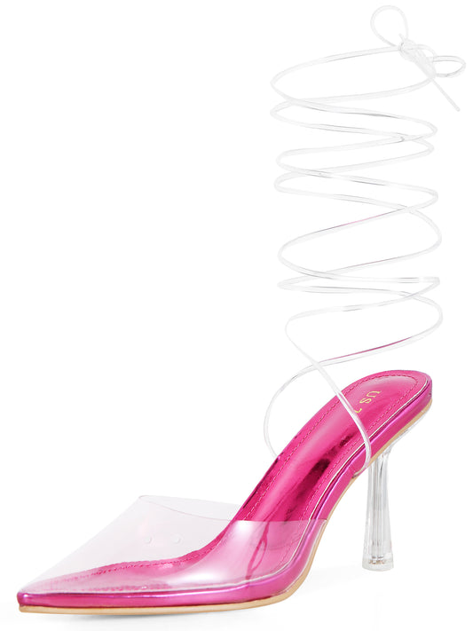 Zapatos de tacón de aguja transparente con cordones para mujer