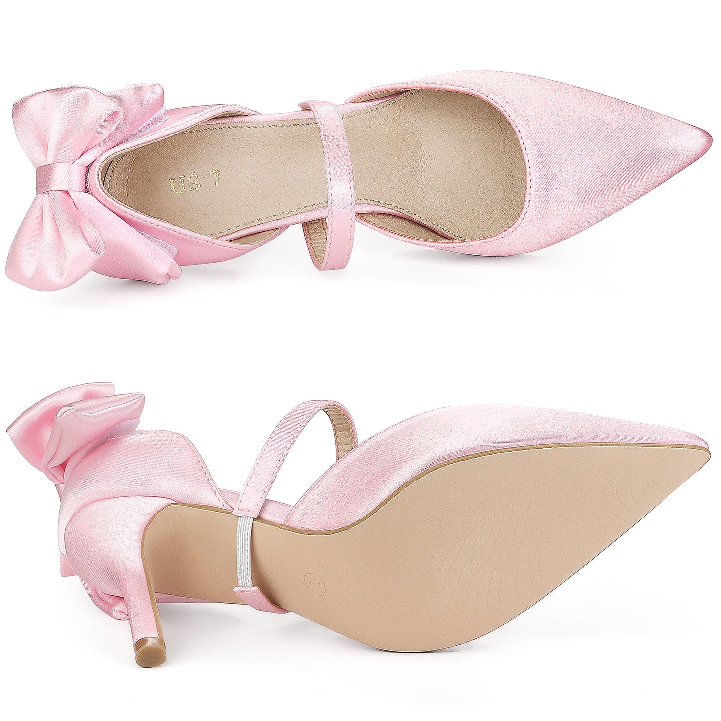 Zapatos de tacón de aguja de satén con lazo y punta puntiaguda para mujer