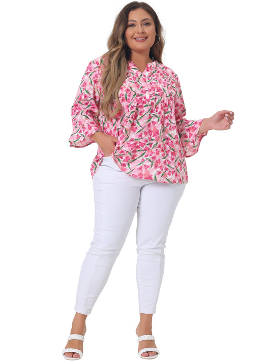 Women Plus Size Top Pleated Long Sleeves V Neck Floral Blouse
