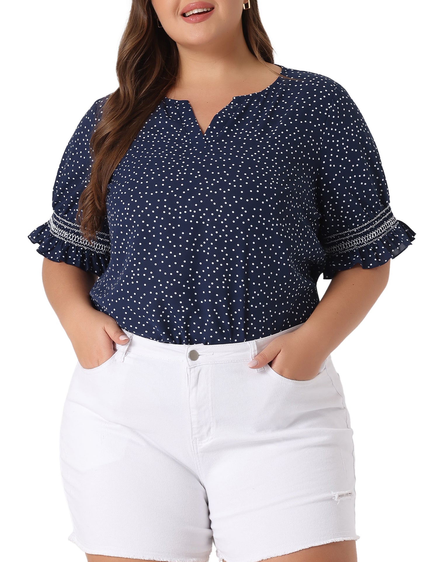 [PACK SALES] Women's Plus Size 2 Pieces Summer Pin Dots Ruffle Short Sleeve V Neck Blouses