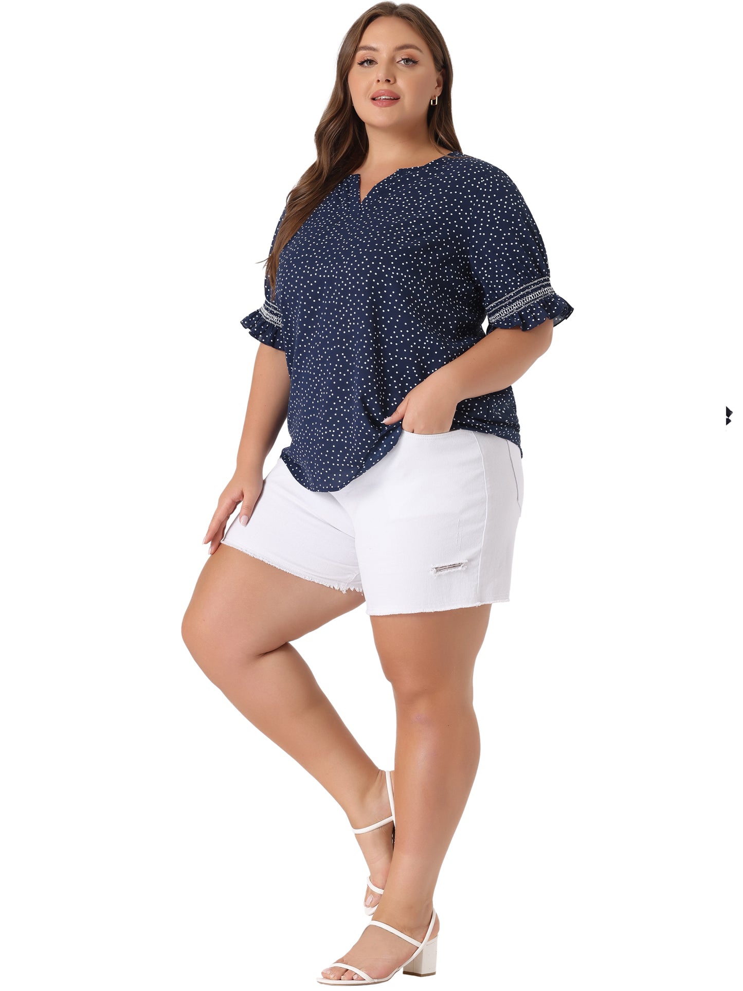 [PACK SALES] Women's Plus Size 2 Pieces Summer Pin Dots Ruffle Short Sleeve V Neck Blouses