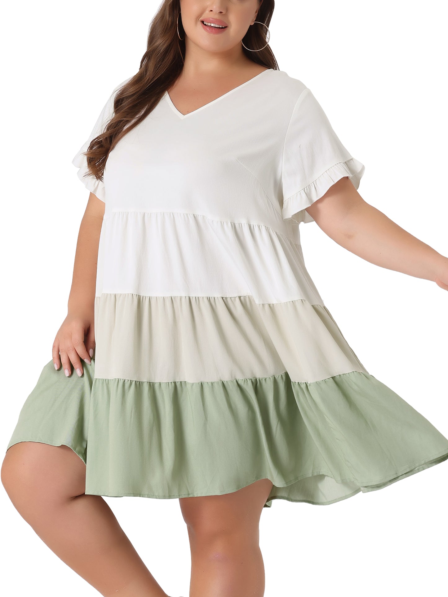 Women's Plus Size Babydoll Ruffle Short Sleeve Casual Loose Flowy Swing Hem Chambray V Neck Mini Dress