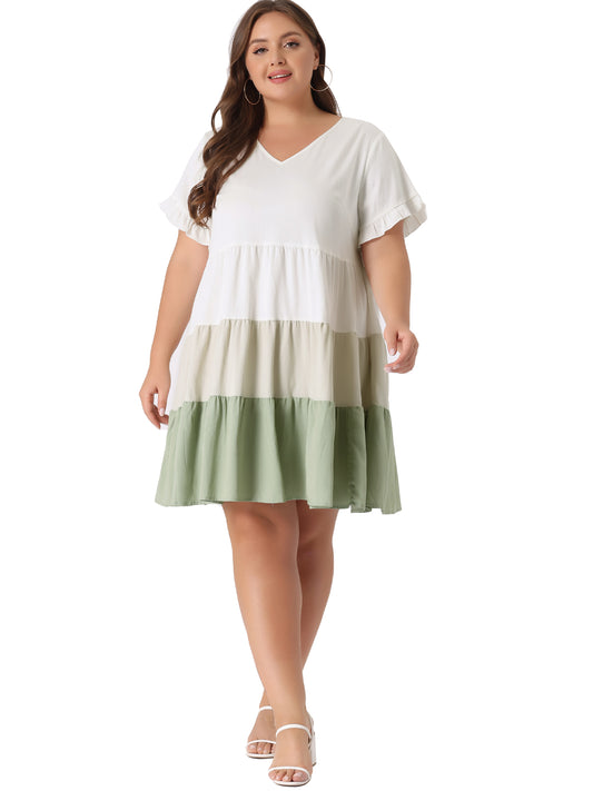 Women's Plus Size Babydoll Ruffle Short Sleeve Casual Loose Flowy Swing Hem Chambray V Neck Mini Dress