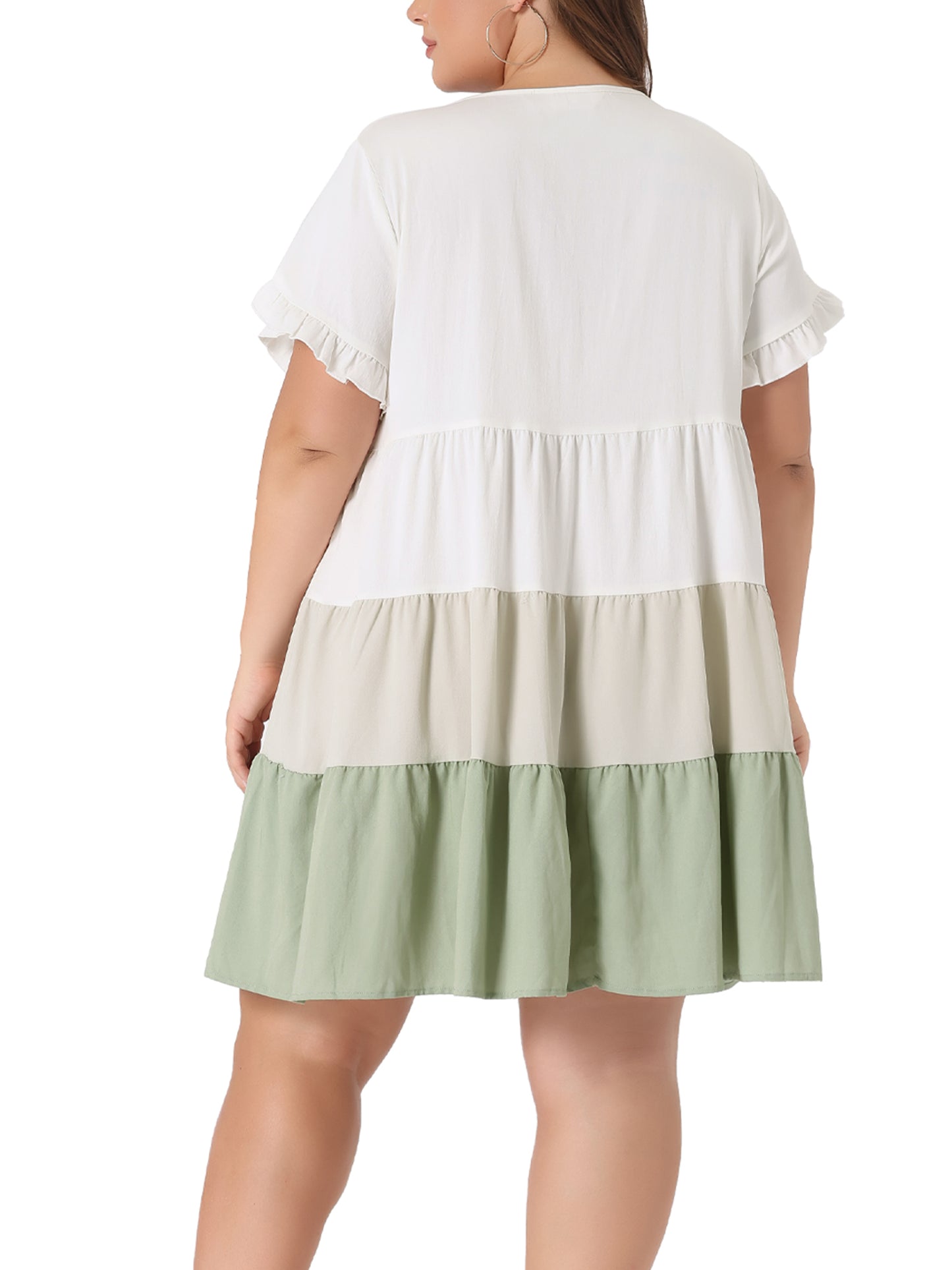 Women's Plus Size Babydoll Ruffle Short Sleeve Casual Loose Flowy Swing Hem Chambray V Neck Mini Dress