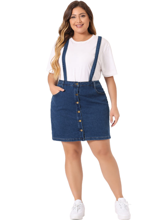 Women Plus Size Suspender Skirt Adjustable Strap Cross Back Mini Denim A-Line Overall Dress