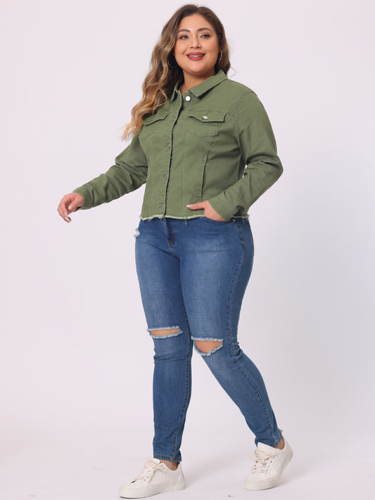 Women's Plus Size Classic Washed Front Frayed Denim Jacket