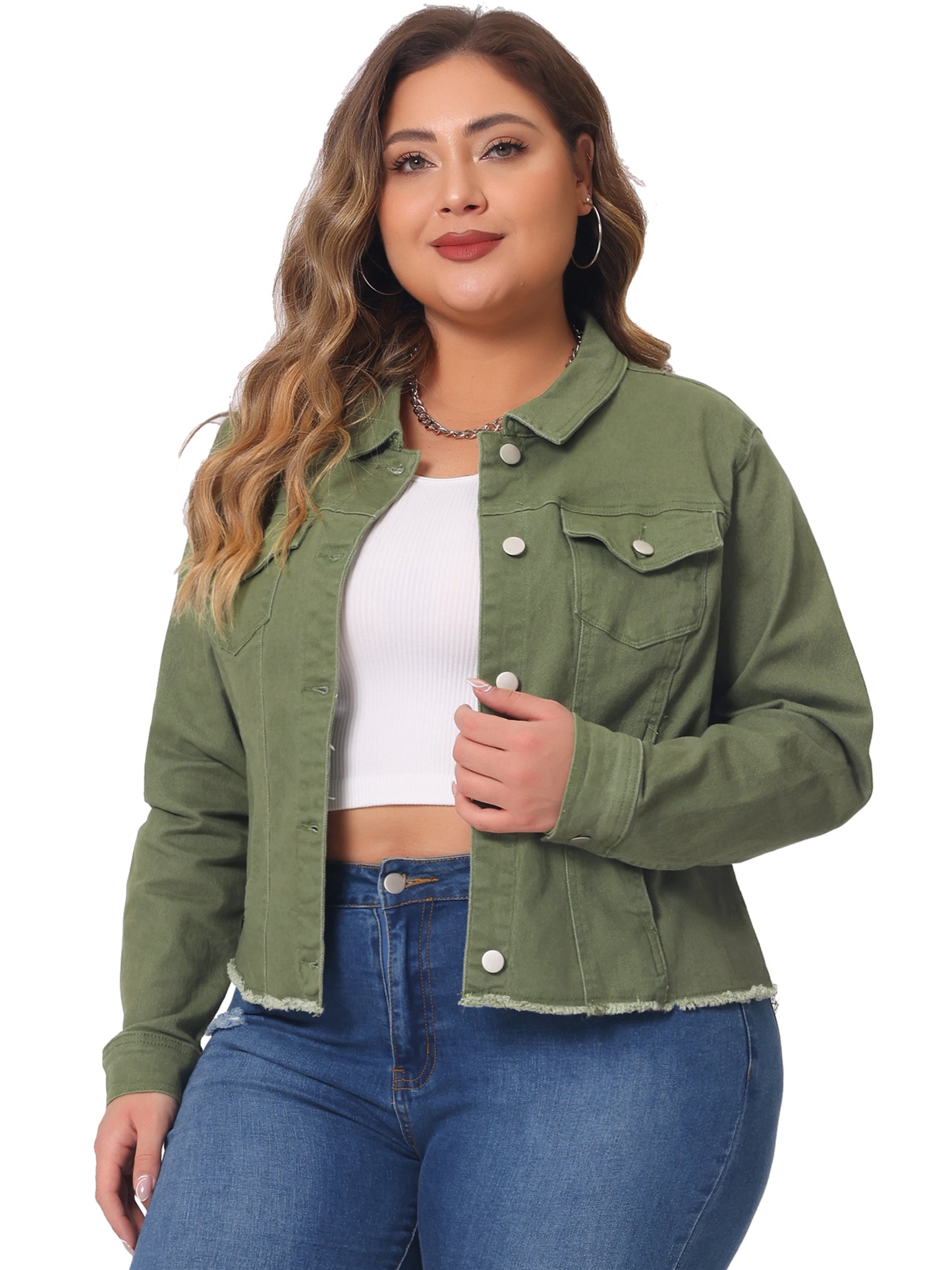Agnes Orinda Plus Size Classic Washed Front Frayed Denim Jacket Green