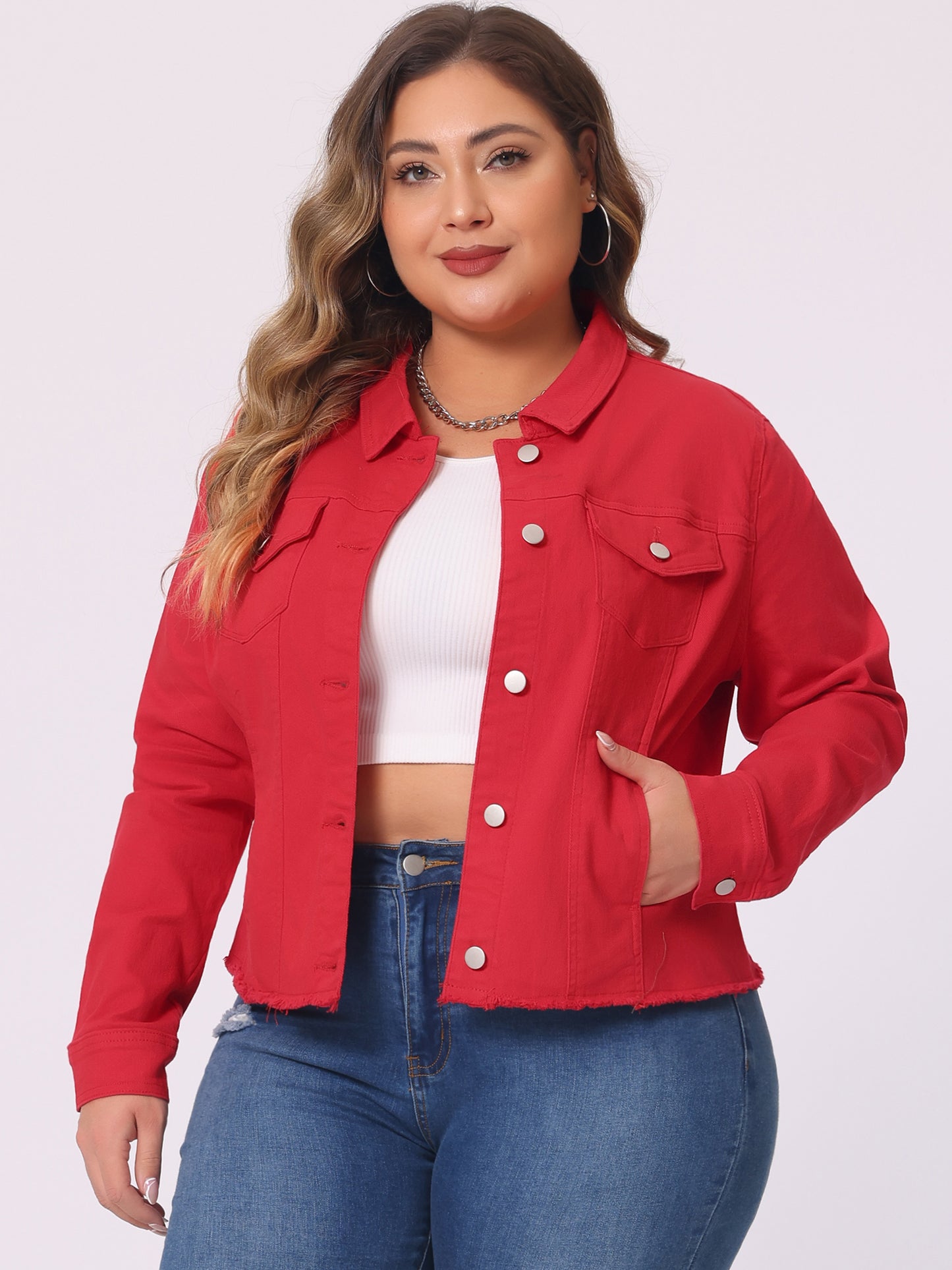Agnes Orinda Plus Size Classic Washed Front Frayed Denim Jacket Red