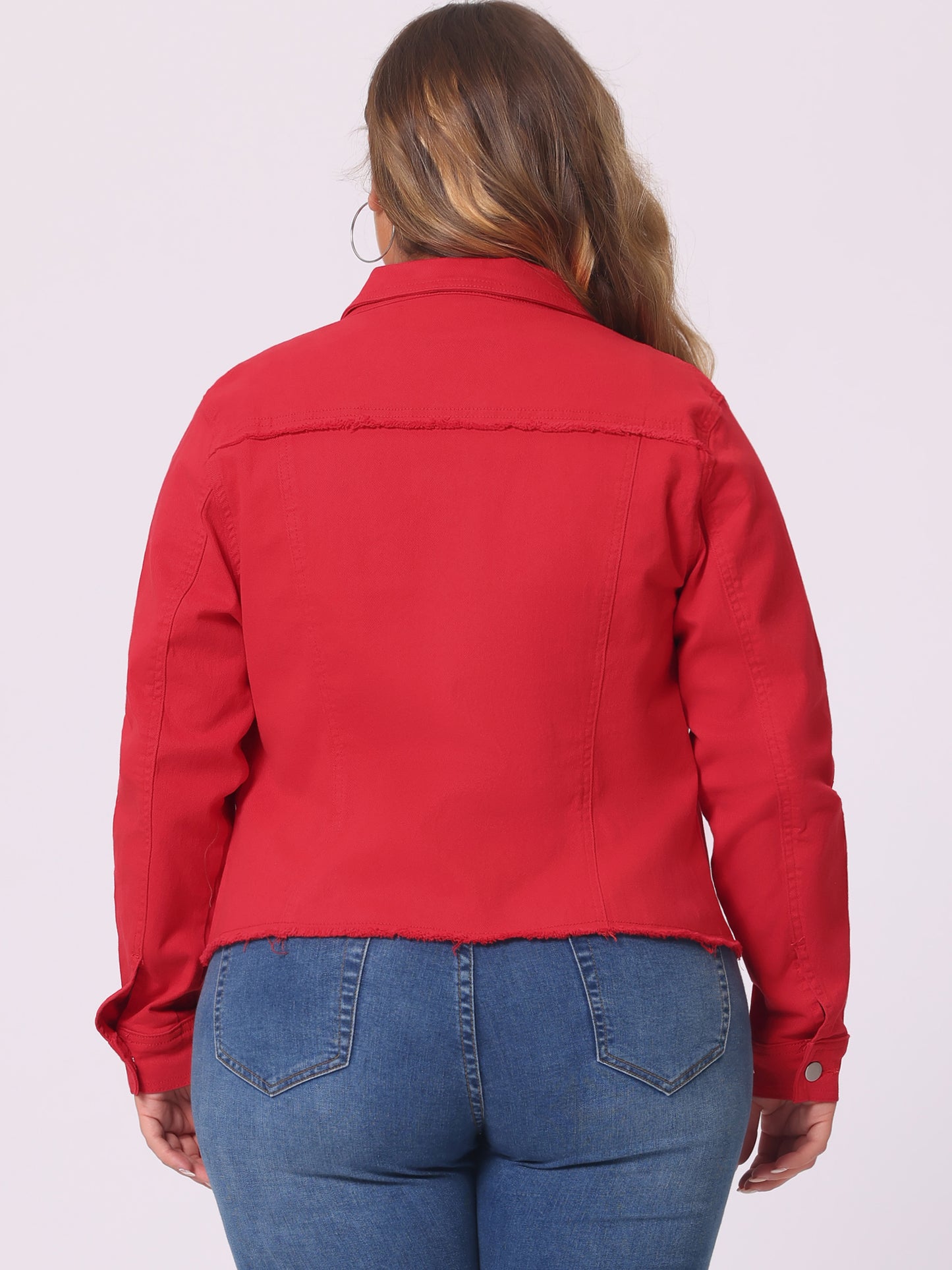 Agnes Orinda Plus Size Classic Washed Front Frayed Denim Jacket Red