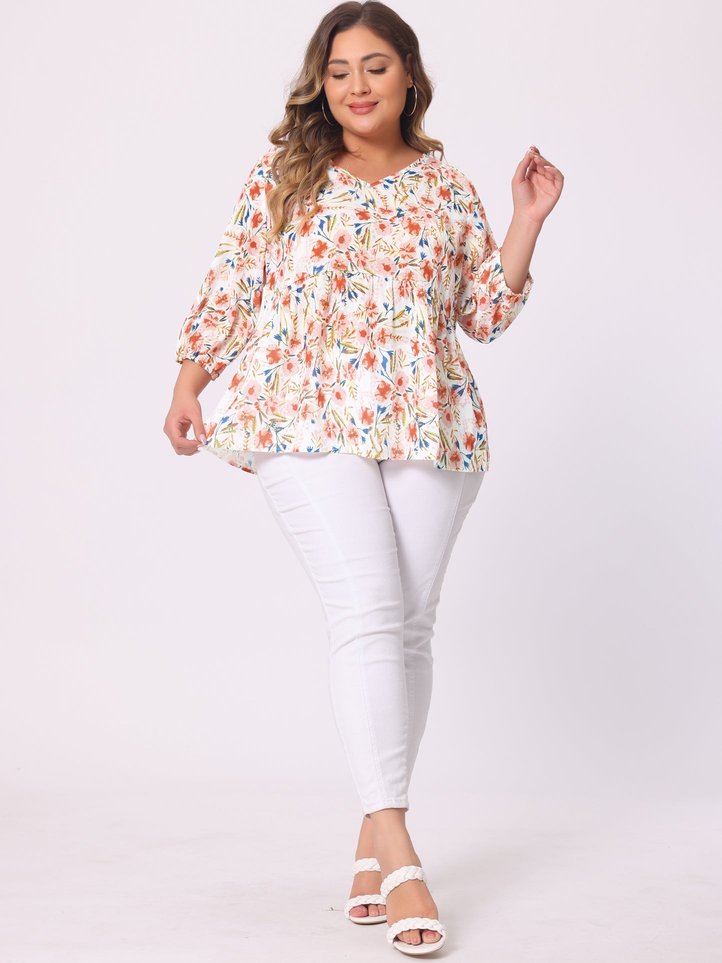 Women's Plus Size Top V Neck Babydoll Flowy 3/4 Lantern Sleeve Floral Blouse