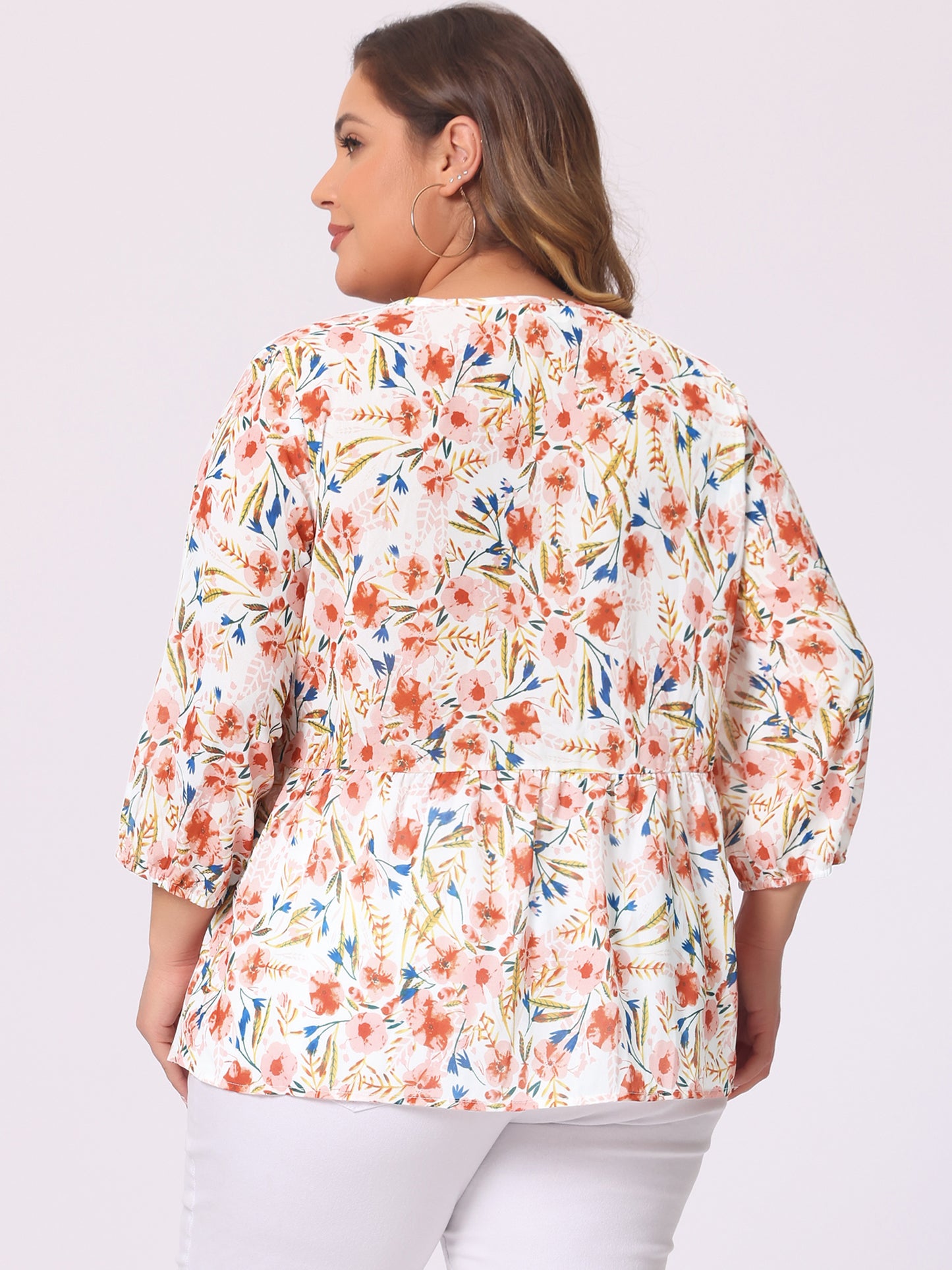 Women's Plus Size Top V Neck Babydoll Flowy 3/4 Lantern Sleeve Floral Blouse