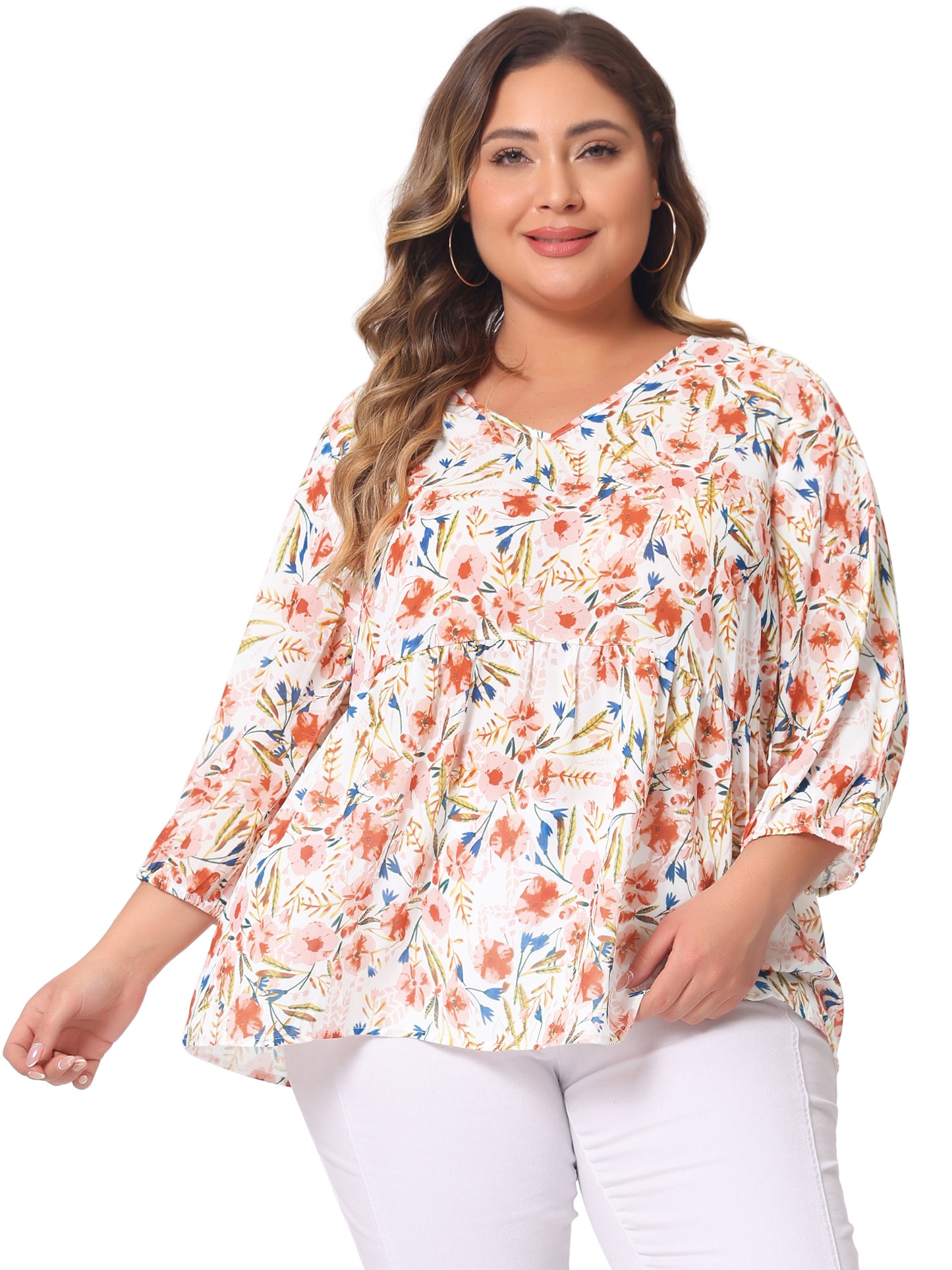 Women's Plus Size Top V Neck Babydoll Flowy 3/4 Lantern Sleeve Floral Blouse