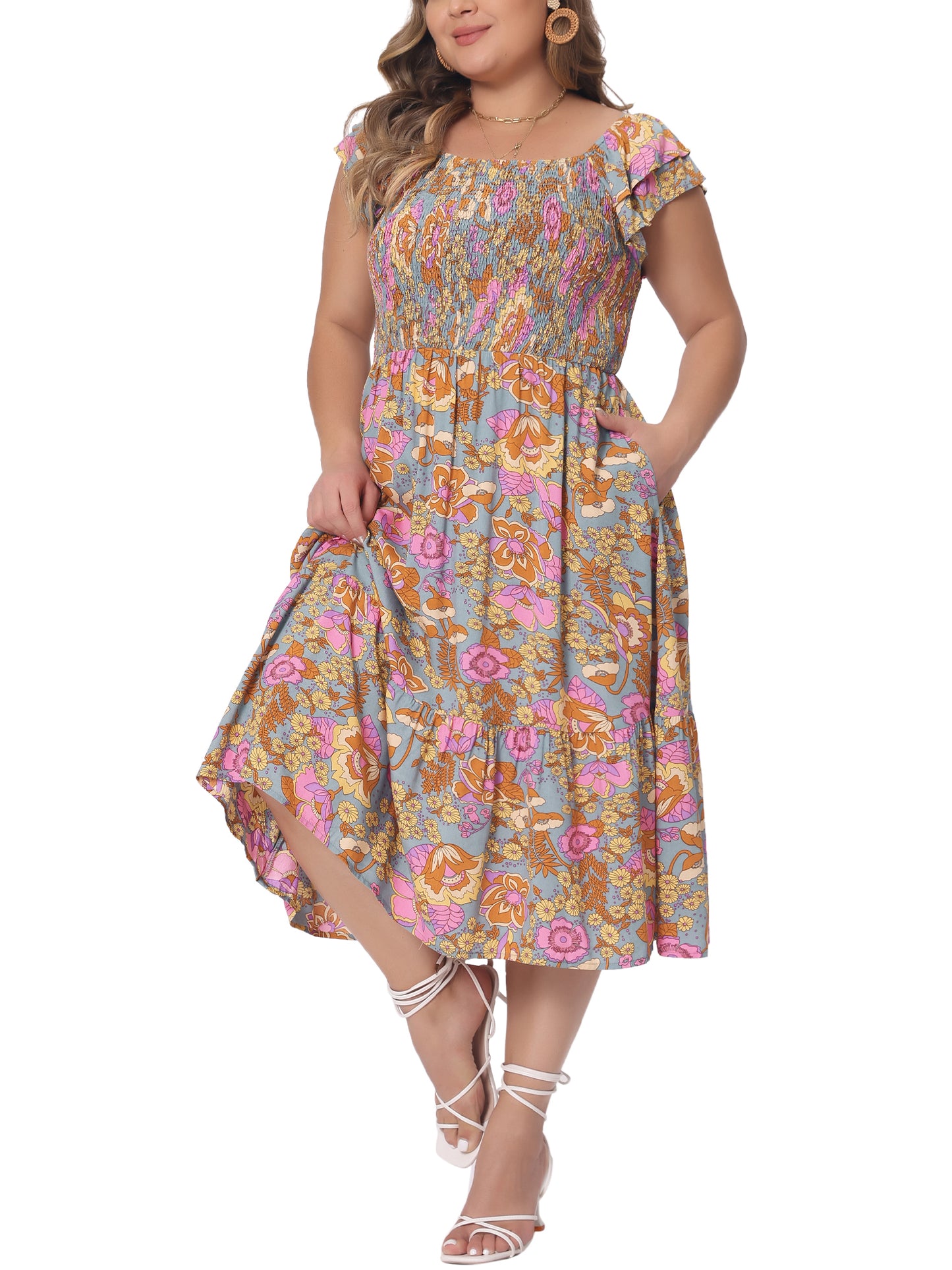 Women's Plus Size Dresses Square Neck Flutter Sleeve Smocked High Waist Flowy Summer Midi Dress