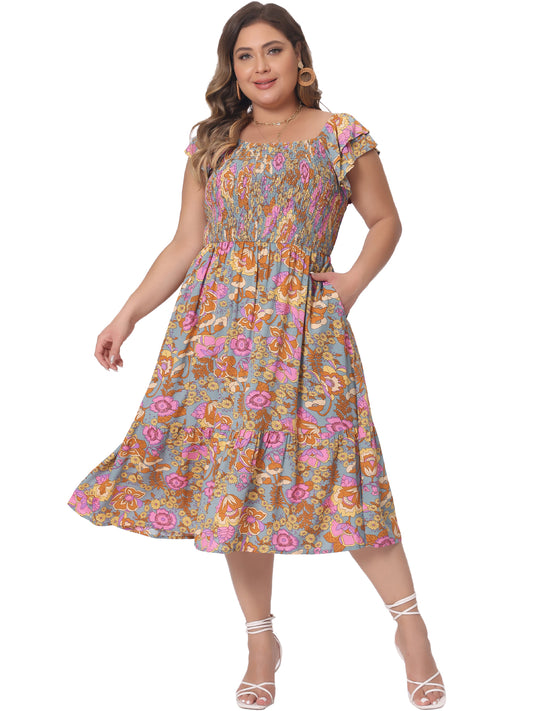 Women's Plus Size Dresses Square Neck Flutter Sleeve Smocked High Waist Flowy Summer Midi Dress