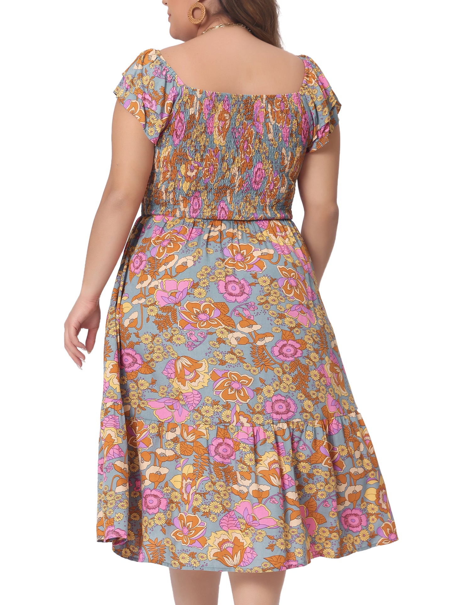 Women's Plus Size Dresses Square Neck Flutter Sleeve Smocked High Waist Flowy Summer Midi Dress