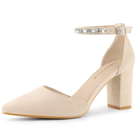 Zapatos de tacón grueso con tiras en el tobillo y punta puntiaguda de diamantes de imitación para mujer