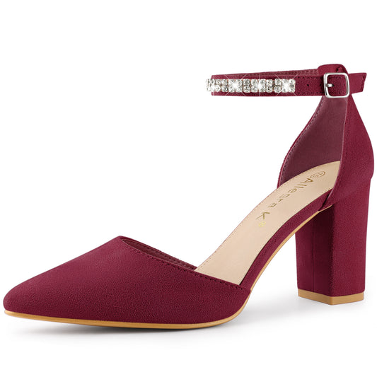 Zapatos de tacón grueso con tiras en el tobillo y punta puntiaguda para mujer