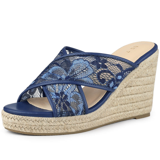 Women's Lace Crisscross Strap Slide Wedge Espadrilles Sandals
