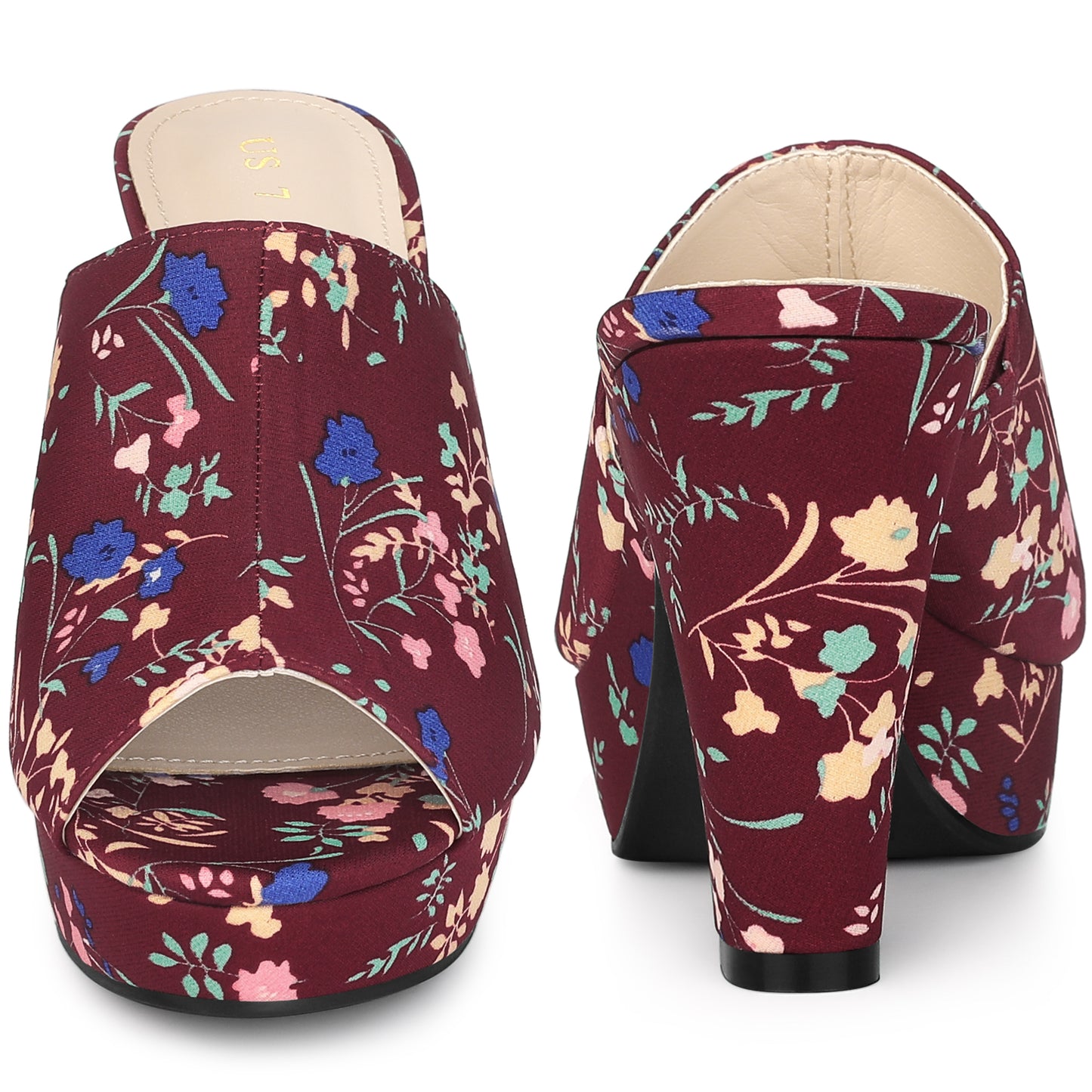 Women Platform Floral Chunky Heel Slides Sandals