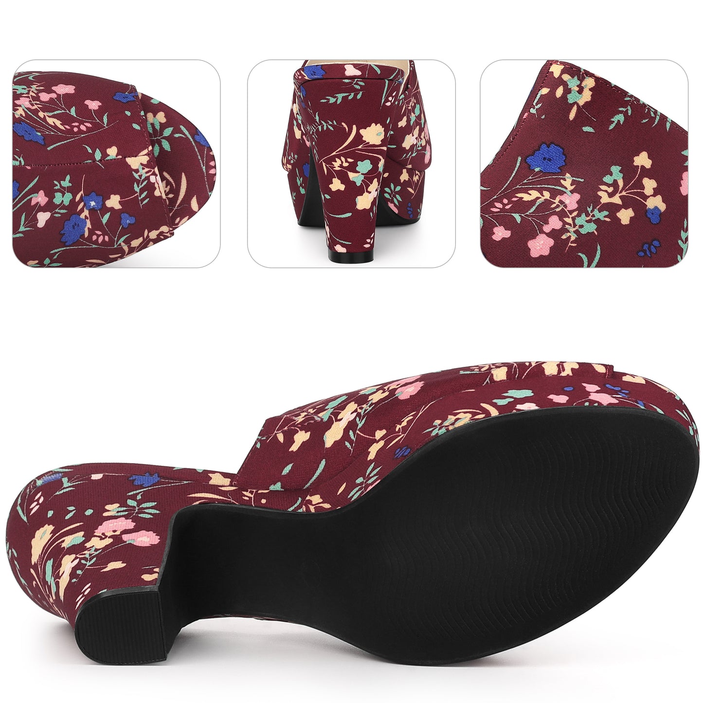 Women Platform Floral Chunky Heel Slides Sandals