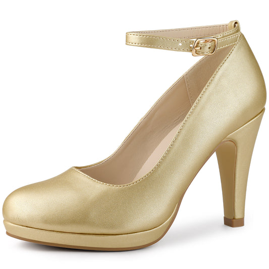 Women's Round Toe Stiletto Heels Ankle Strap Pumps