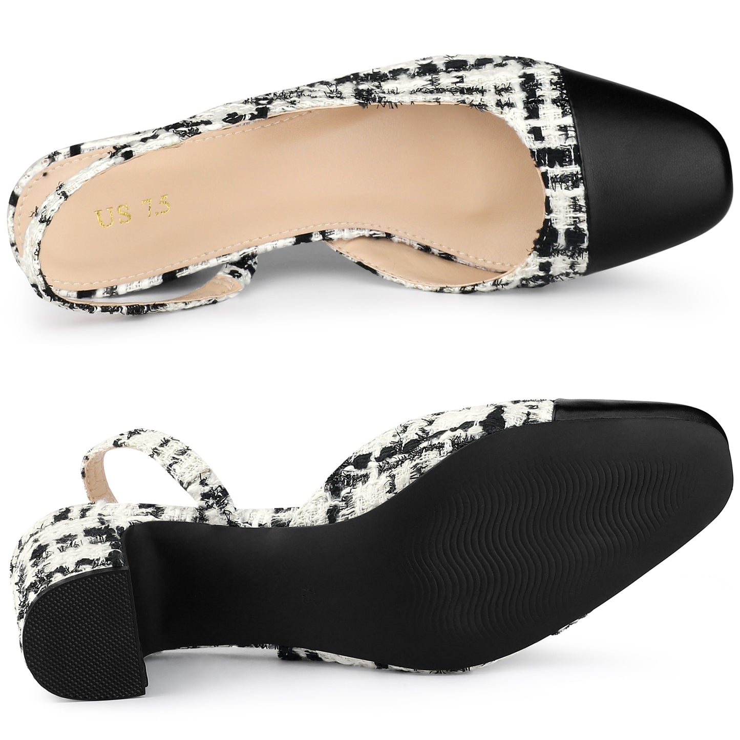 Zapatos de tacón grueso a cuadros con puntera abierta para mujer