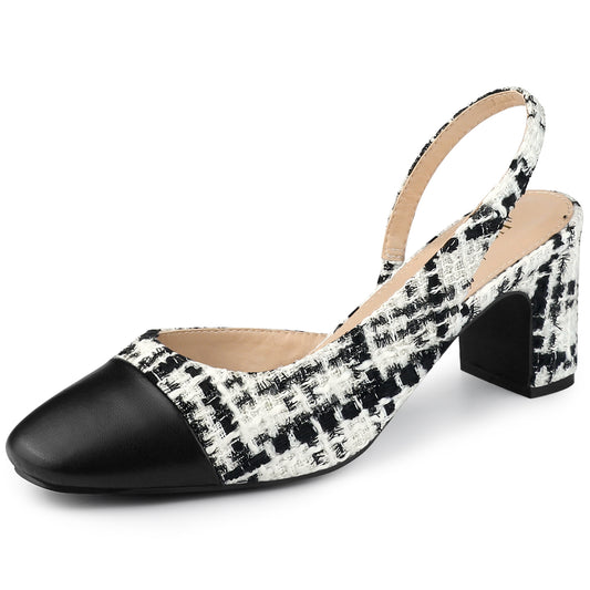 Zapatos de tacón grueso a cuadros con puntera abierta para mujer