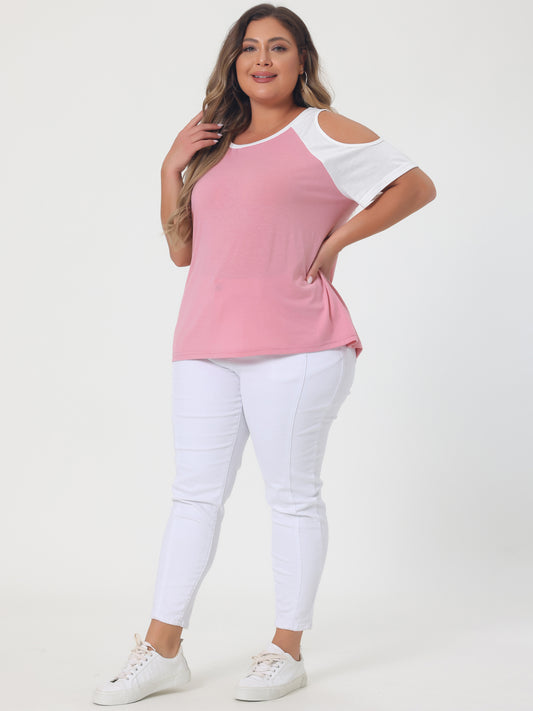 Women's Plus Size Contrast Short Sleeve Cold Shoulder T-Shirt Top Summer Tee