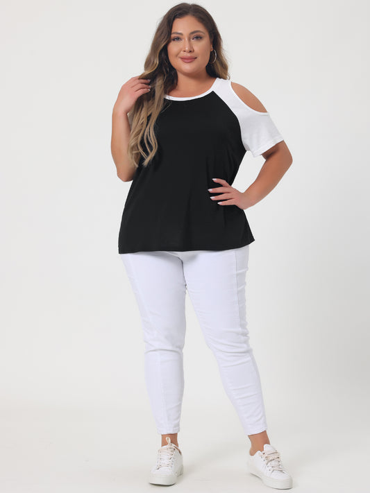 Women's Plus Size Contrast Short Sleeve Cold Shoulder T-Shirt Top Summer Tee