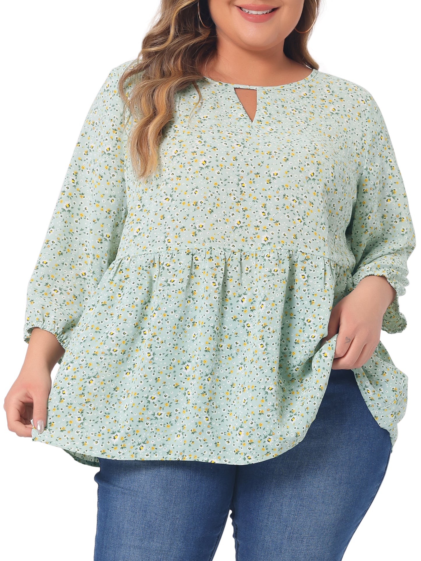 Women's Plus Size 3/4 Sleeves Babydoll Chiffon Keyhole Floral Flowy Blouse
