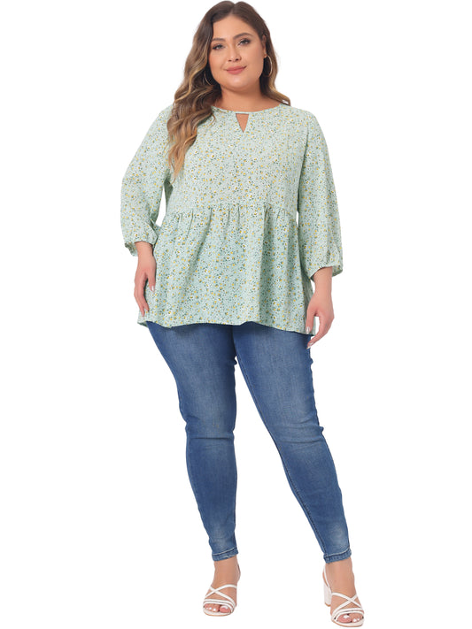 Women's Plus Size 3/4 Sleeves Babydoll Chiffon Keyhole Floral Flowy Blouse