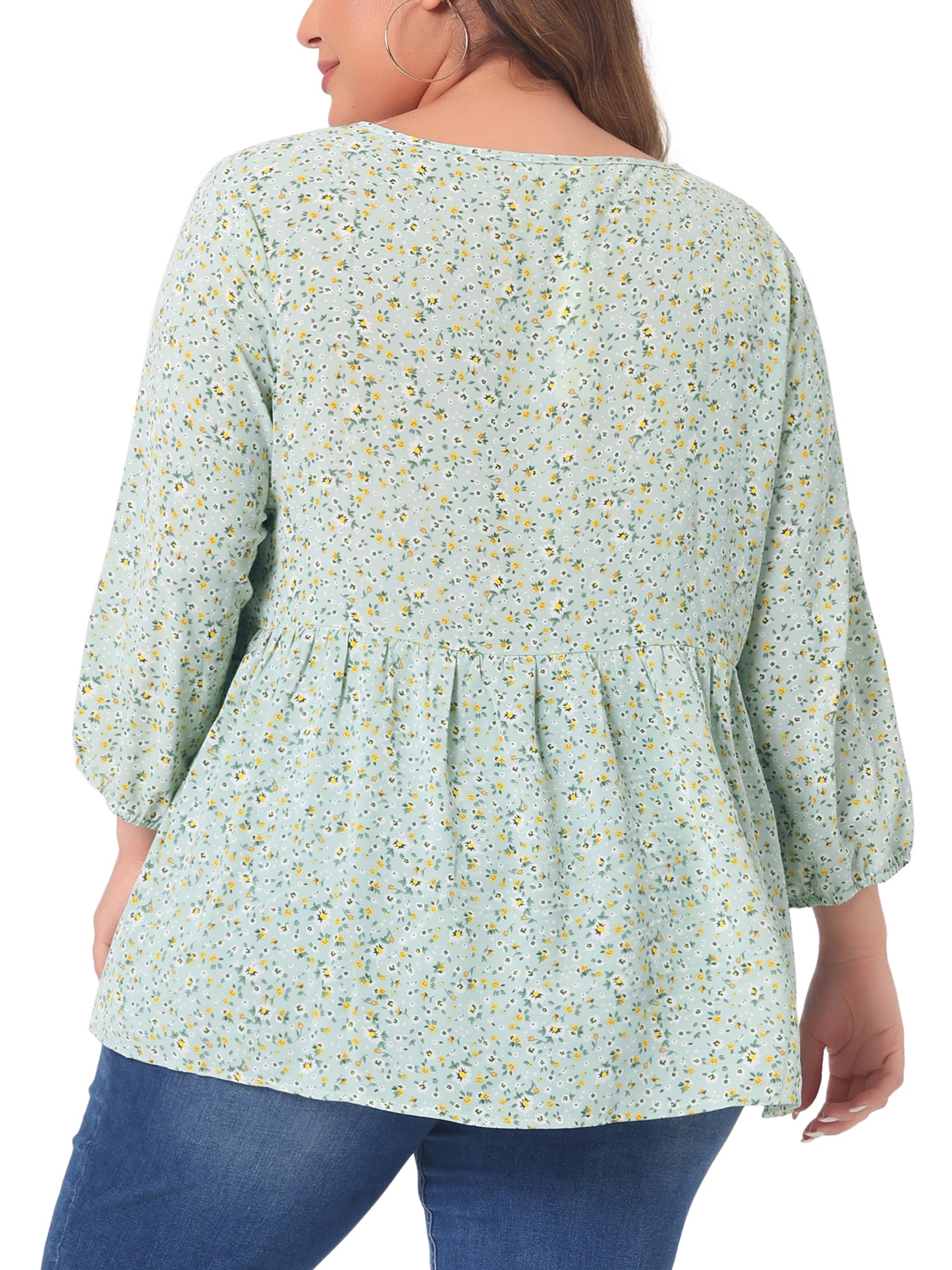 Women's Plus Size 3/4 Sleeves Babydoll Chiffon Keyhole Floral Flowy Blouse