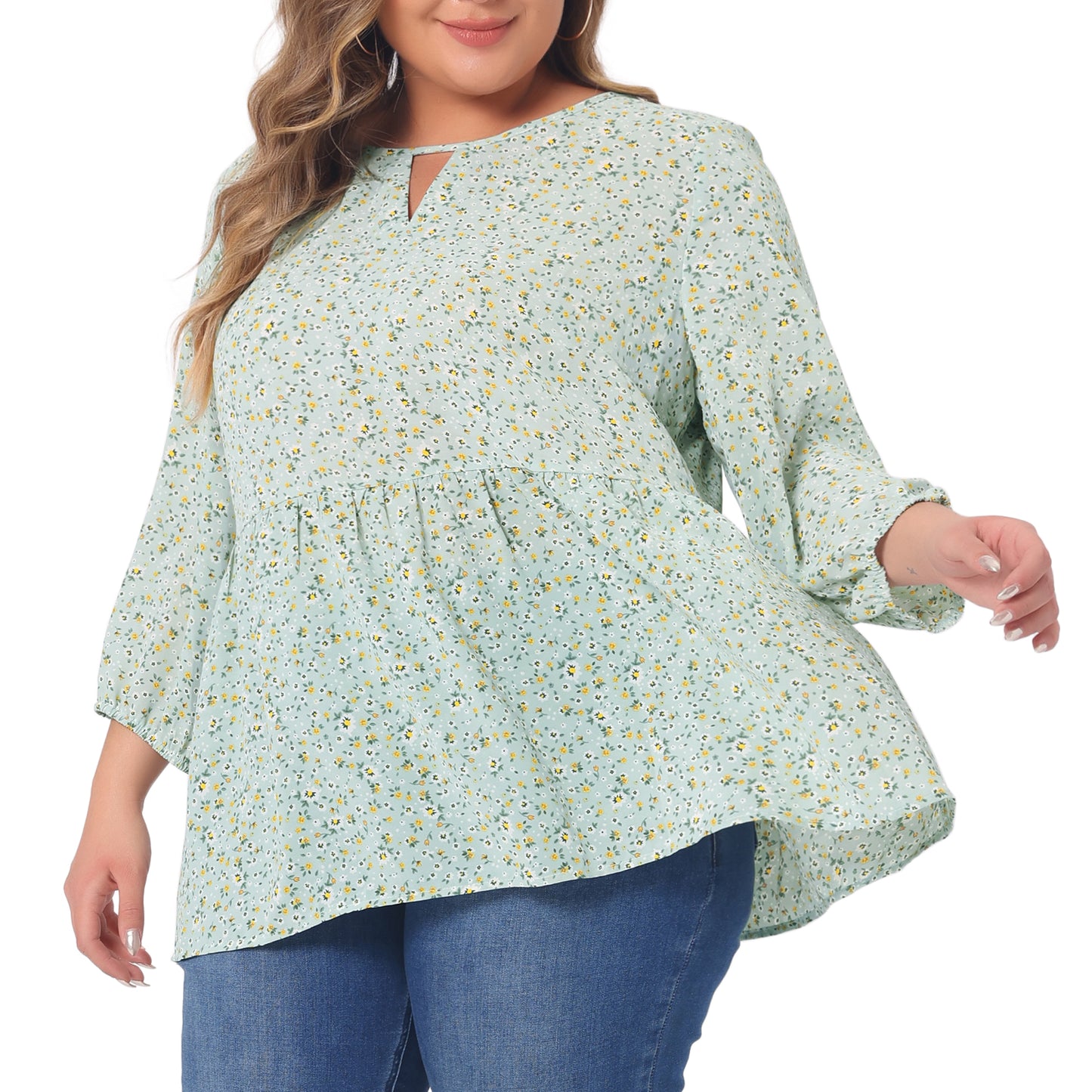 Women's Plus Size 3/4 Sleeves Babydoll Chiffon Keyhole Floral Flowy Blouse