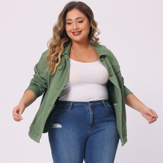 Women's Plus Size Jean Jacket Stitching Button Front Washed Denim Jacket