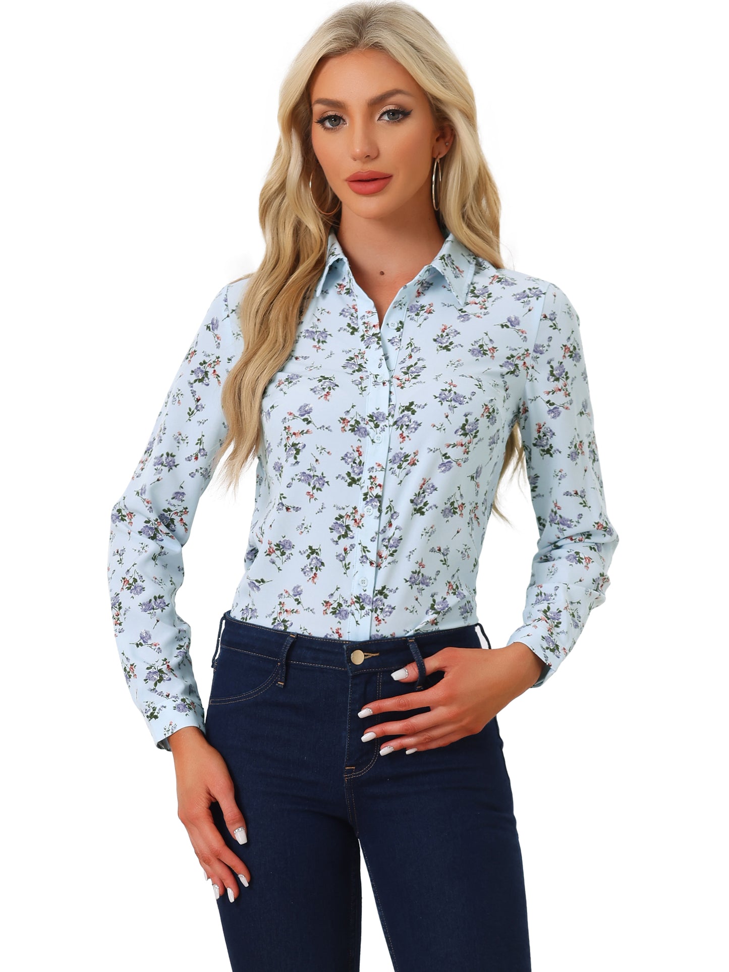 Women's Long Sleeve Button Down Ditsy Floral Shirt (Available in Plus Size)