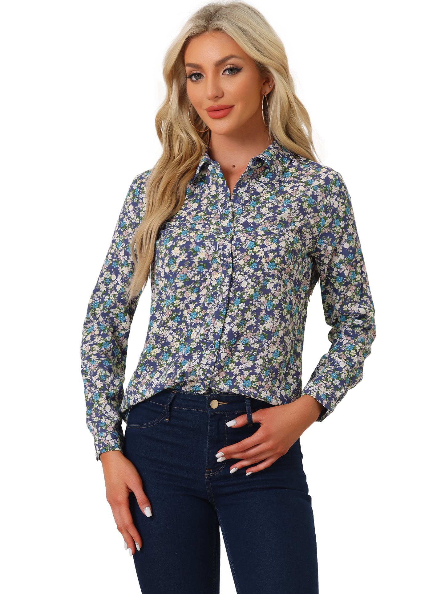 Women's Long Sleeve Button Down Ditsy Floral Shirt (Available in Plus Size)