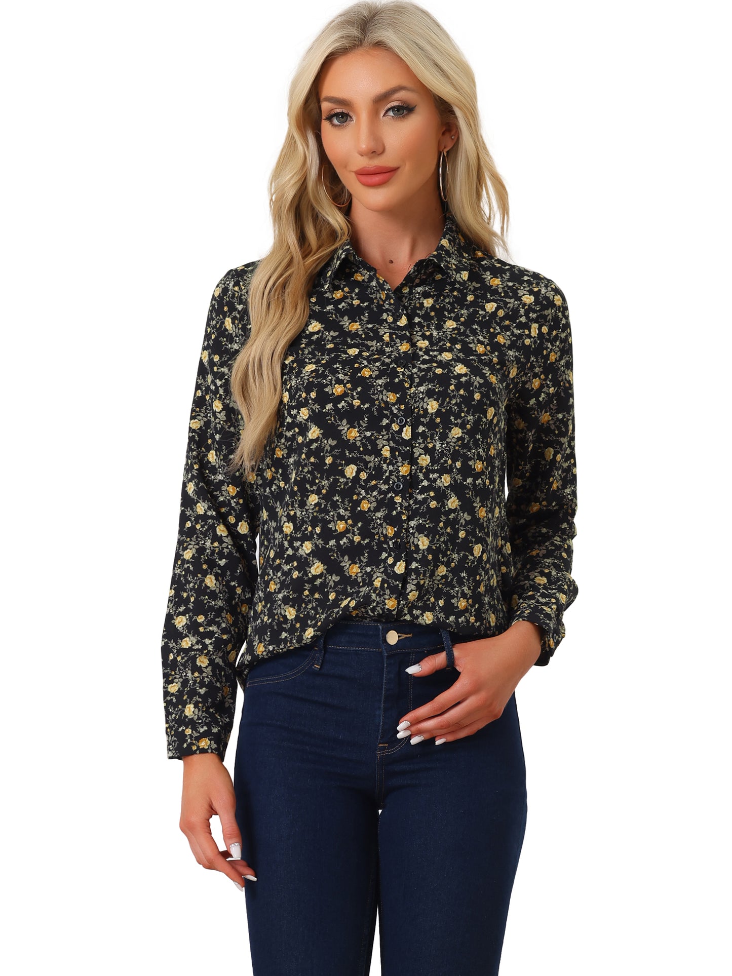 Women's Long Sleeve Button Down Ditsy Floral Shirt (Available in Plus Size)
