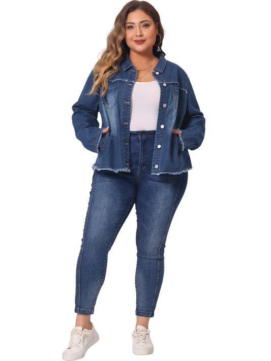 Women Plus Size Denim Jacket Frayed Hem Classic Washed Denim Jean Jacket